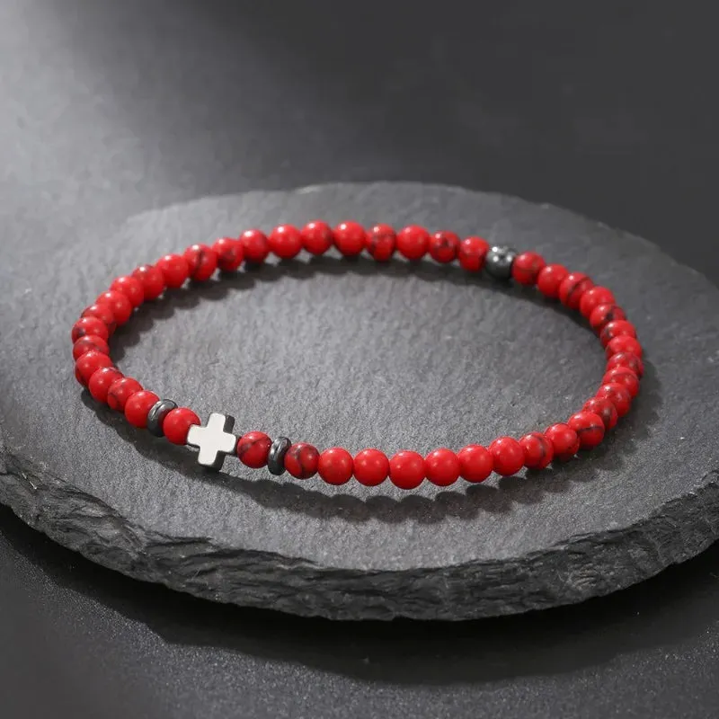 Lucky Cross Charm Bracelet 4mm Natural Stone Lava Quartzs Bead Bracelets Reiki Yoga Energy Bracelet for Men Women Jewelry