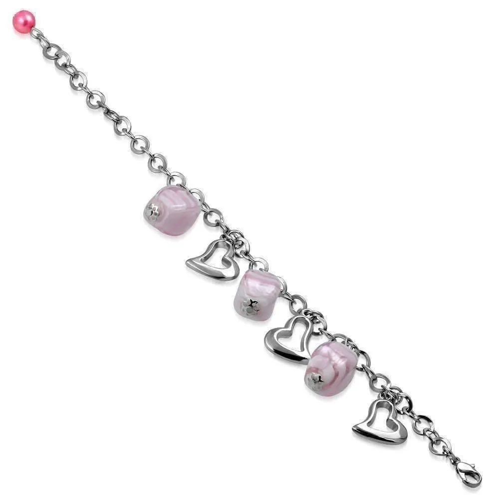 Pink Sugar Swirl Glass Bead and Hearts Charm Bracelet in Silver