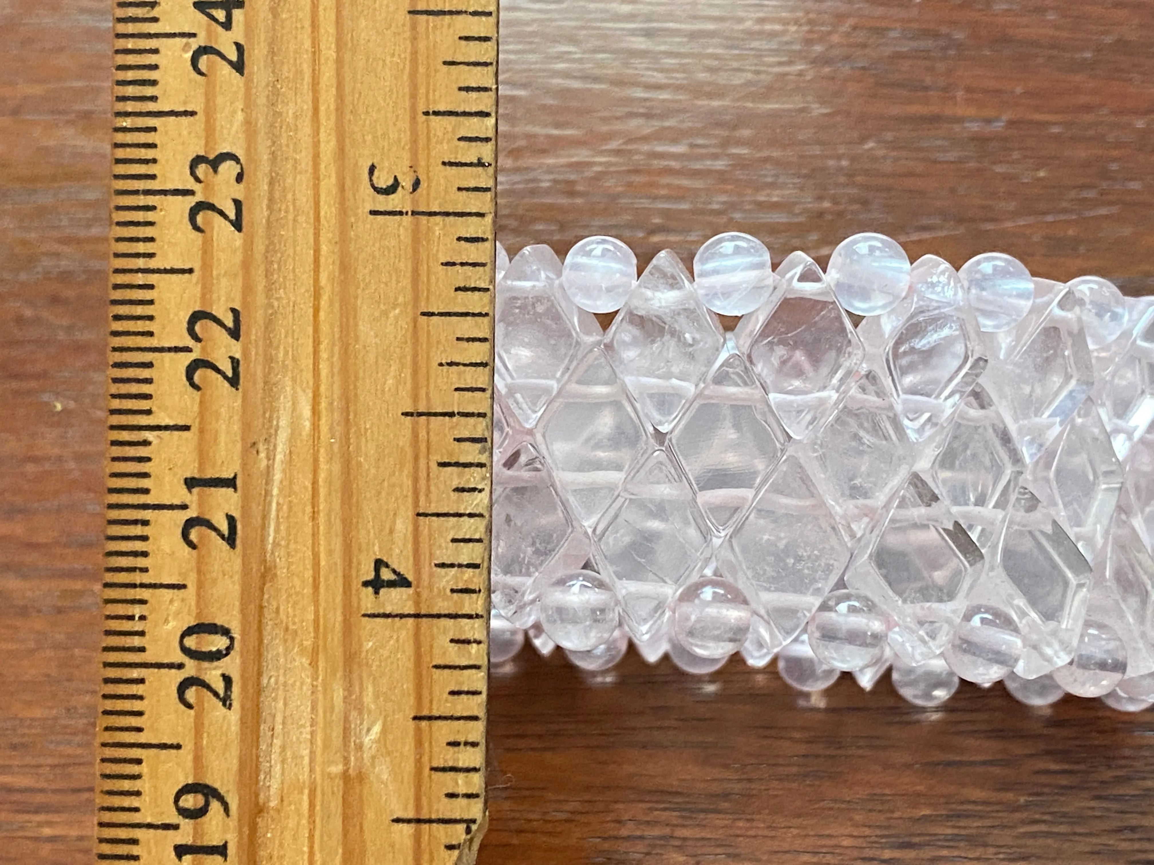 Rose Quartz Diamond Shaped Round Bead Stretch Wide Bracelet