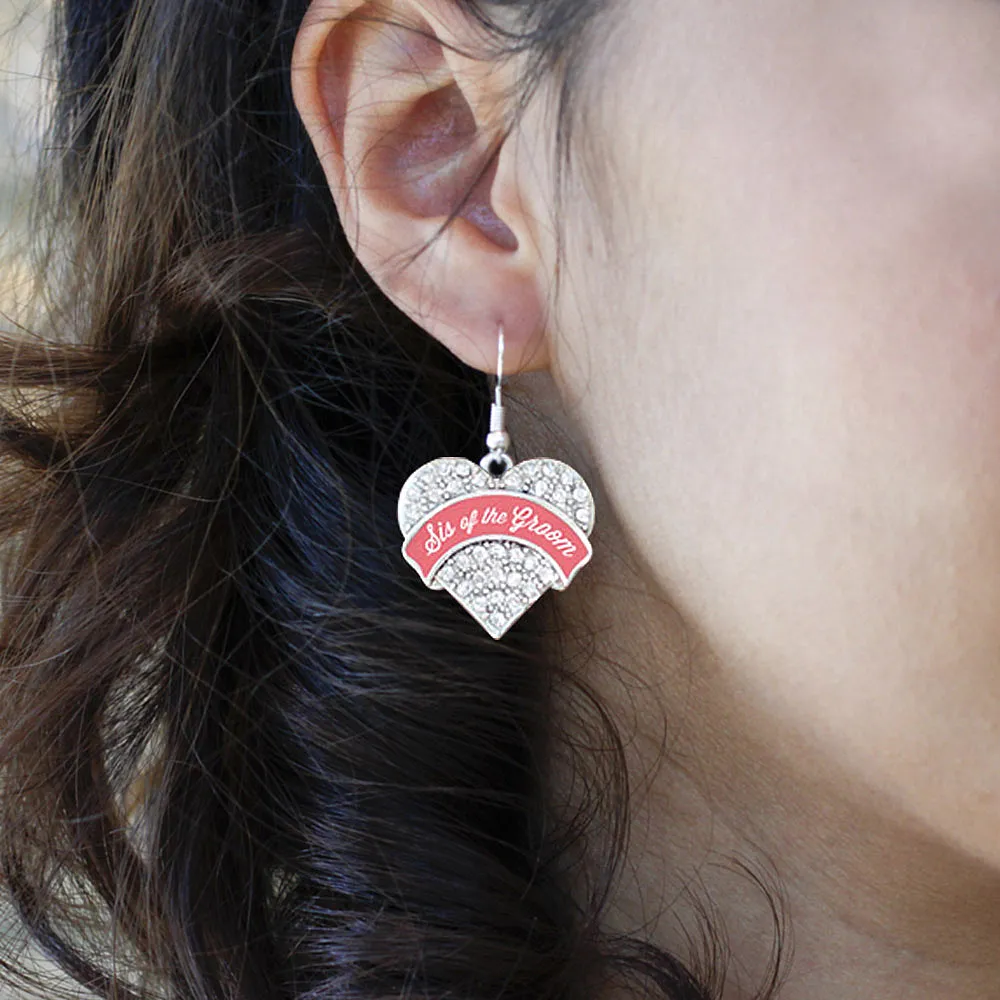 Silver Coral Sis of Groom Pave Heart Charm Dangle Earrings