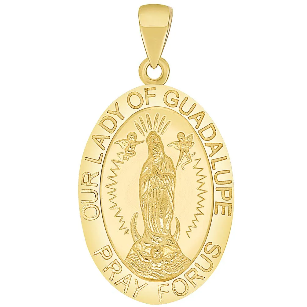 Solid 14k Yellow Gold Small Our Lady Of Guadalupe Pray For Us Miraculous Medal Pendant with Curb Chain Necklace