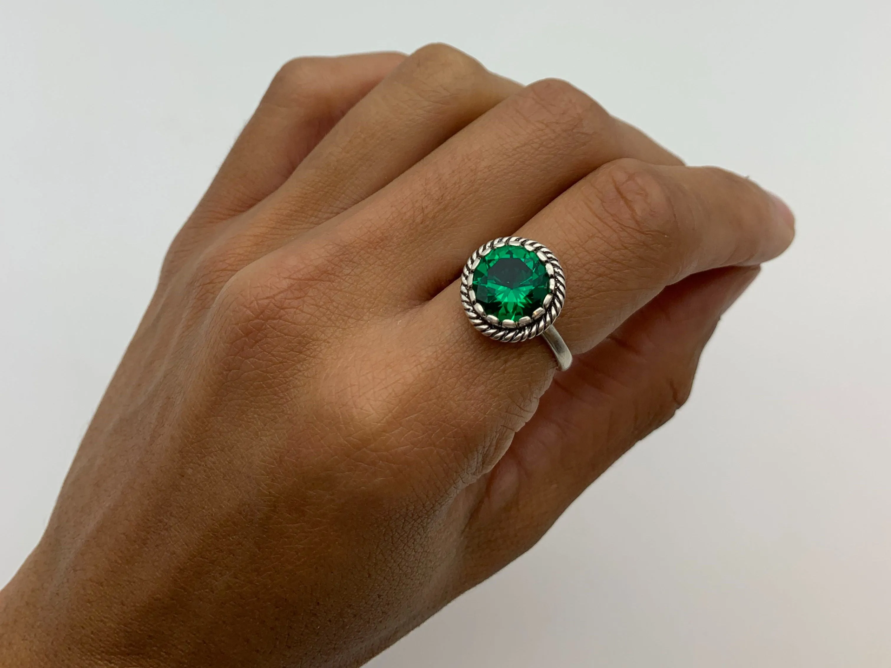Solitaire Emerald Ring - Green Round Ring - May Birthstone Ring