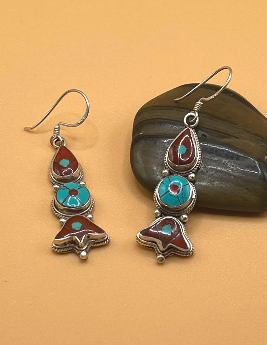 Sterling Silver Gemstone Coral and Turquoise Tibetan Inlay Earrings