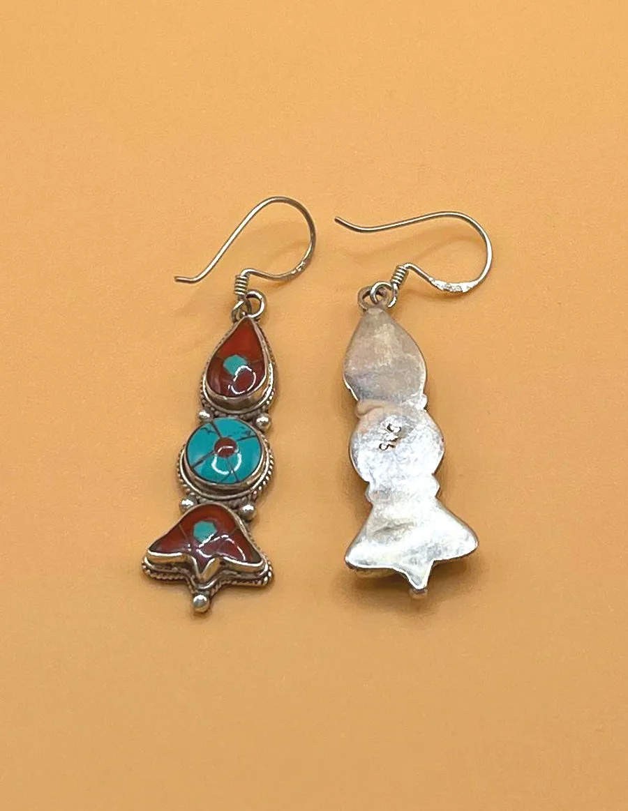 Sterling Silver Gemstone Coral and Turquoise Tibetan Inlay Earrings