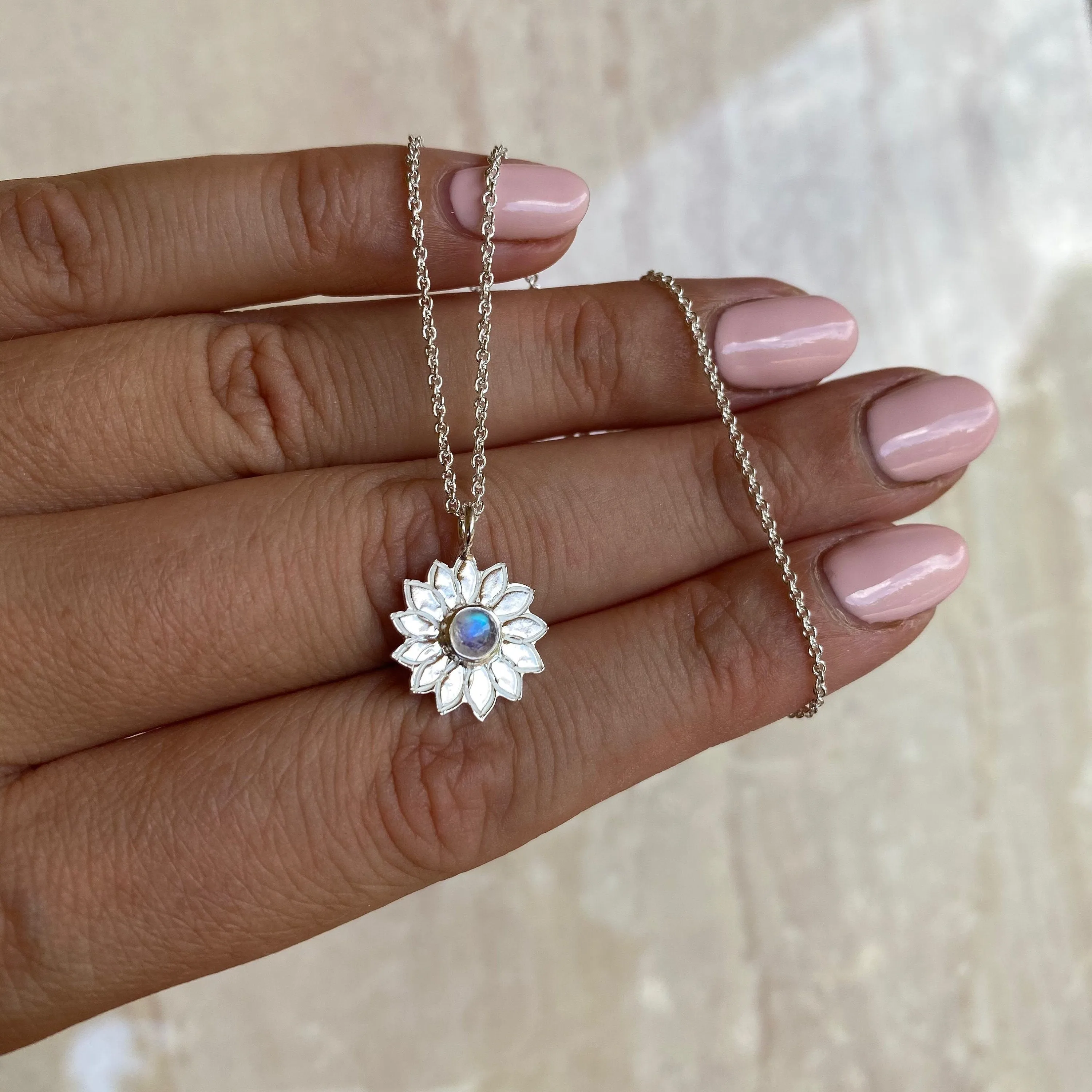 Sunflower Charm Sterling Silver Rainbow Moonstone Necklace