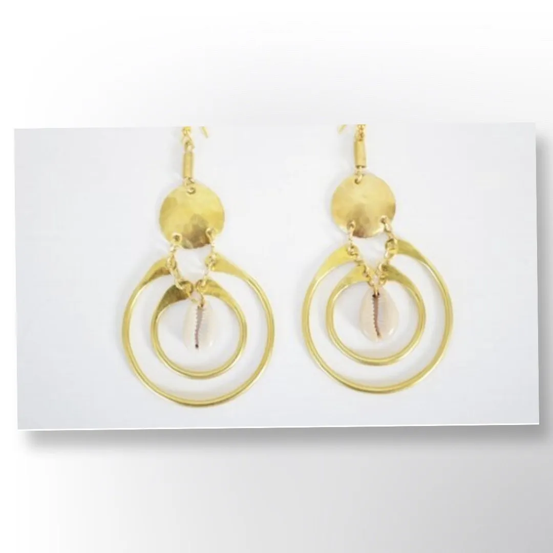 Tiered Drop Cowrie Shell Brass Earring