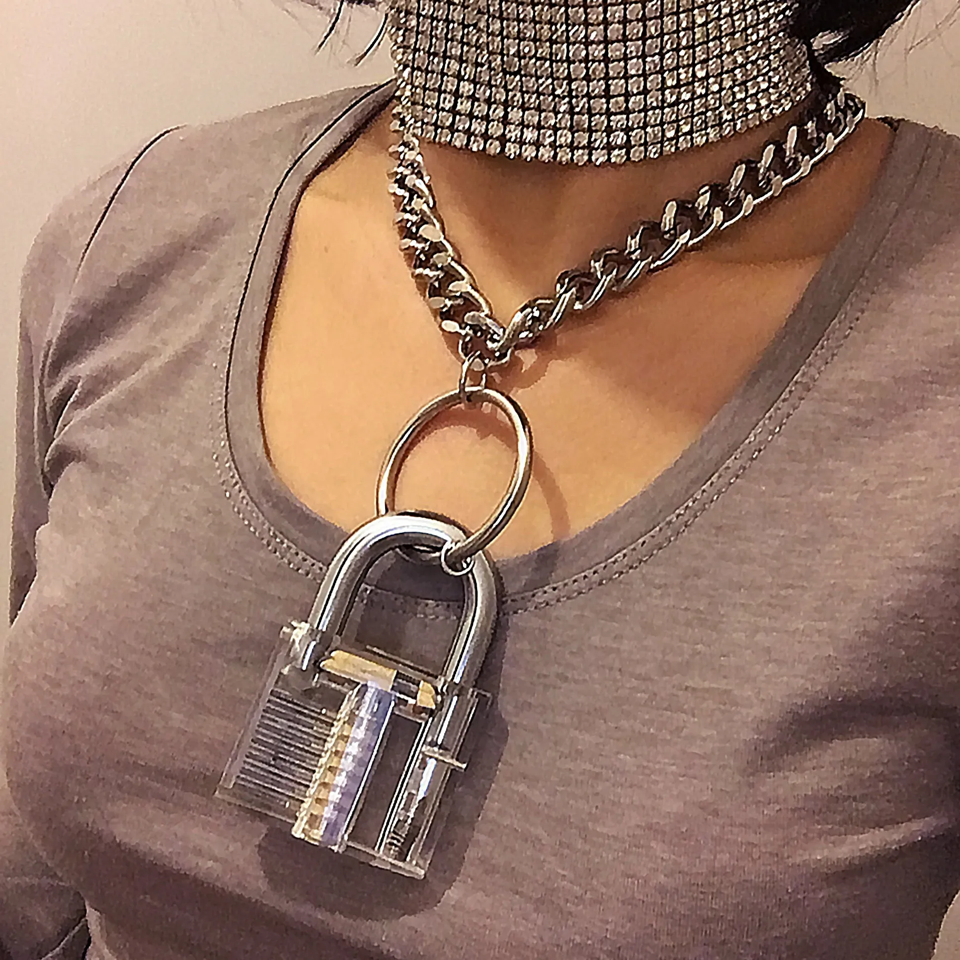 UNISEX SOLID RING SUPER LARGE LOCK SUPER BOLD CHAIN CHOKER LONG NECKLACE