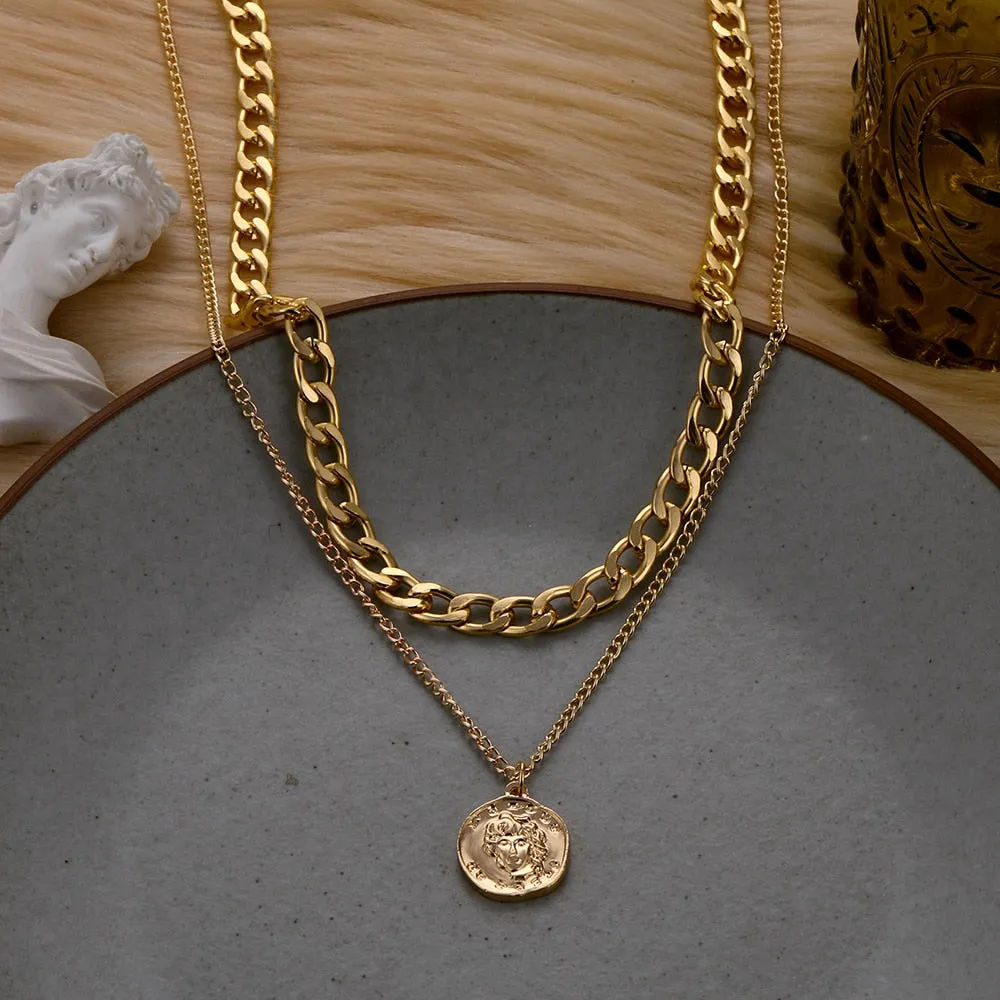 VenusFox Vintage Multi-layer Coin Chain Choker Necklace For Women Gold Silver Color Fashion Portrait Chunky Chain Necklaces Jewelry