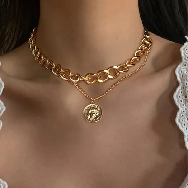 VenusFox Vintage Multi-layer Coin Chain Choker Necklace For Women Gold Silver Color Fashion Portrait Chunky Chain Necklaces Jewelry