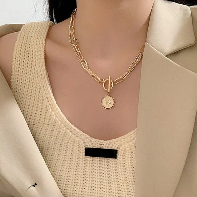 VenusFox Vintage Multi-layer Coin Chain Choker Necklace For Women Gold Silver Color Fashion Portrait Chunky Chain Necklaces Jewelry