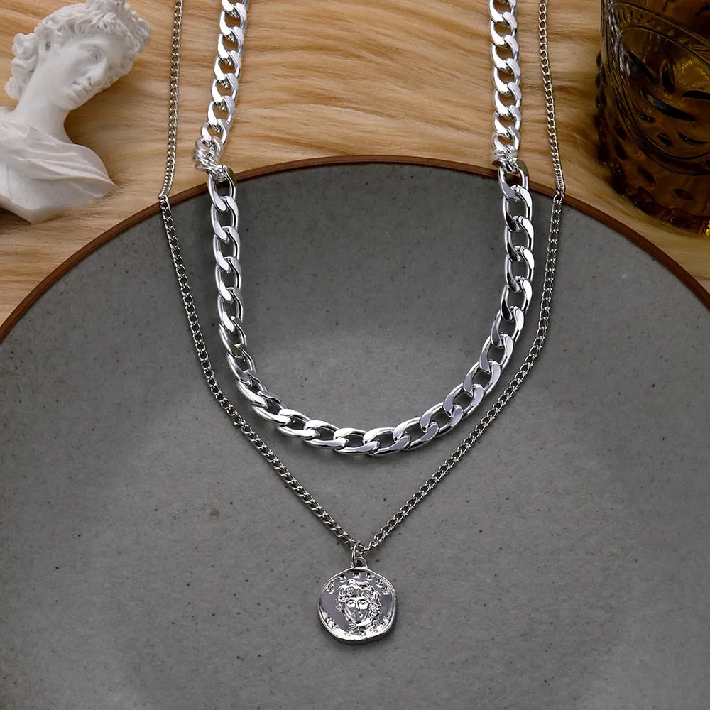 VenusFox Vintage Multi-layer Coin Chain Choker Necklace For Women Gold Silver Color Fashion Portrait Chunky Chain Necklaces Jewelry