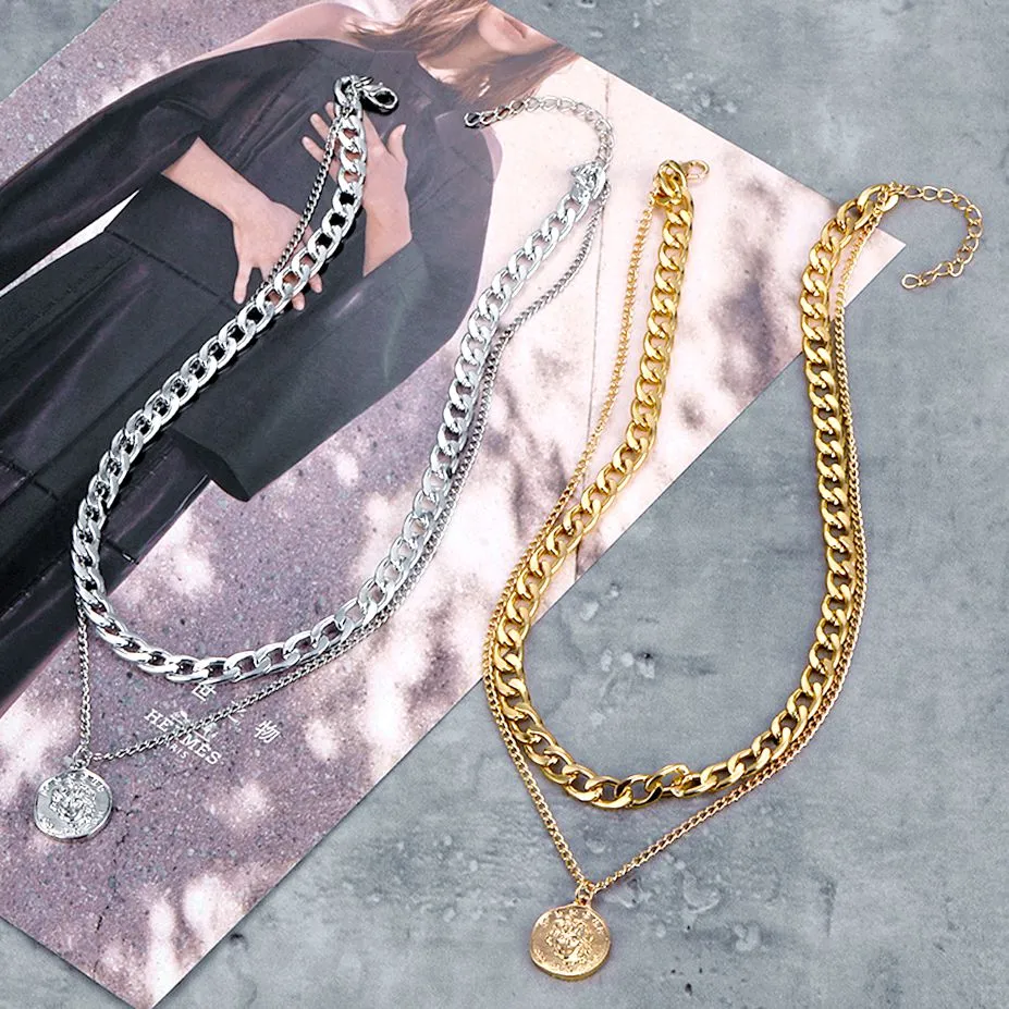 VenusFox Vintage Multi-layer Coin Chain Choker Necklace For Women Gold Silver Color Fashion Portrait Chunky Chain Necklaces Jewelry
