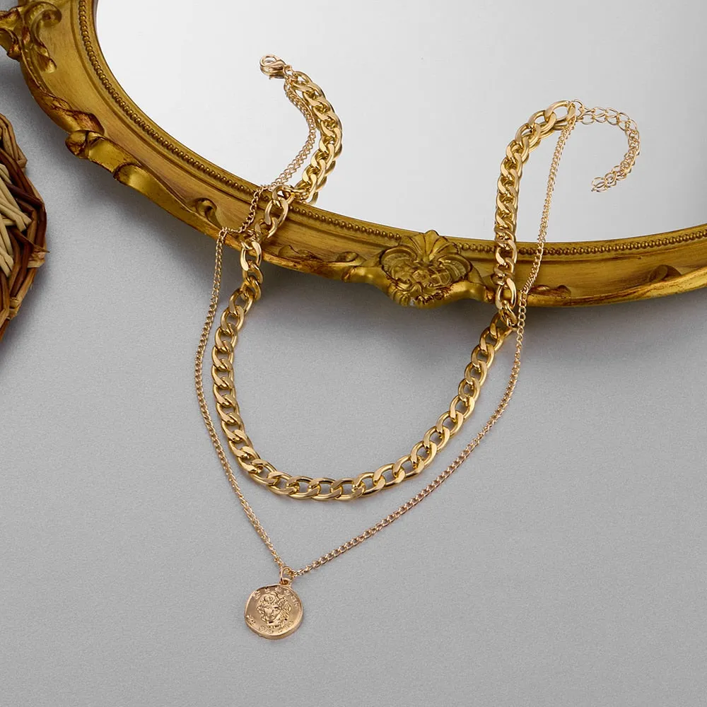 VenusFox Vintage Multi-layer Coin Chain Choker Necklace For Women Gold Silver Color Fashion Portrait Chunky Chain Necklaces Jewelry