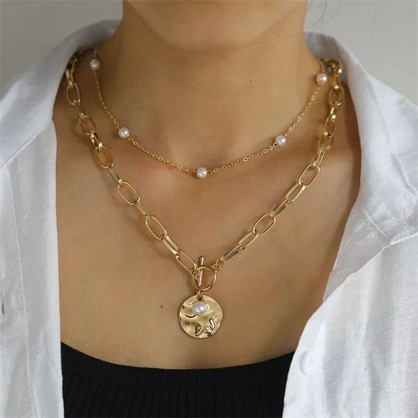 VenusFox Vintage Multi-layer Coin Chain Choker Necklace For Women Gold Silver Color Fashion Portrait Chunky Chain Necklaces Jewelry