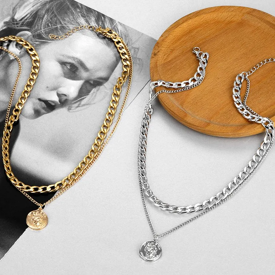 VenusFox Vintage Multi-layer Coin Chain Choker Necklace For Women Gold Silver Color Fashion Portrait Chunky Chain Necklaces Jewelry