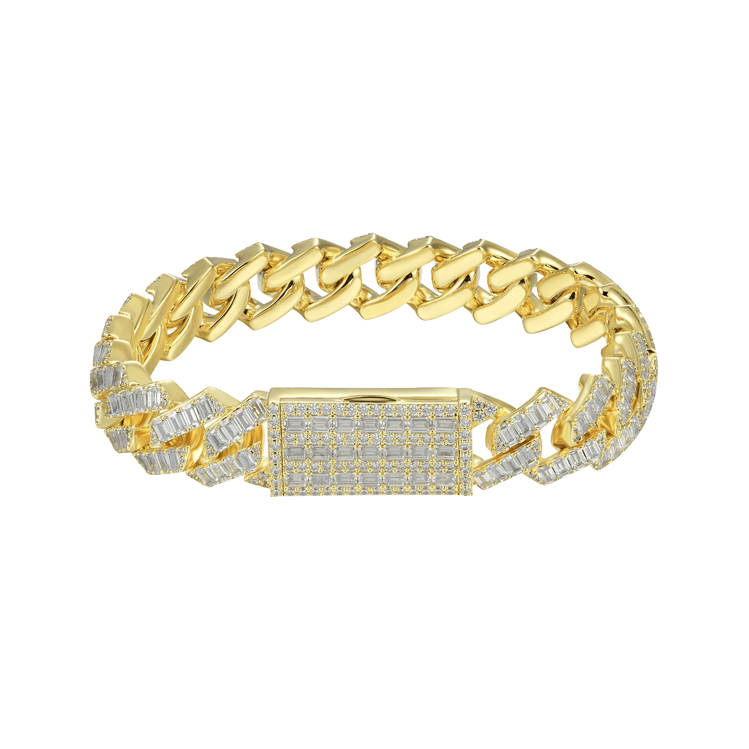 Yellow Gold Emerald Cut Prong Cuban Link Bracelet - 12mm